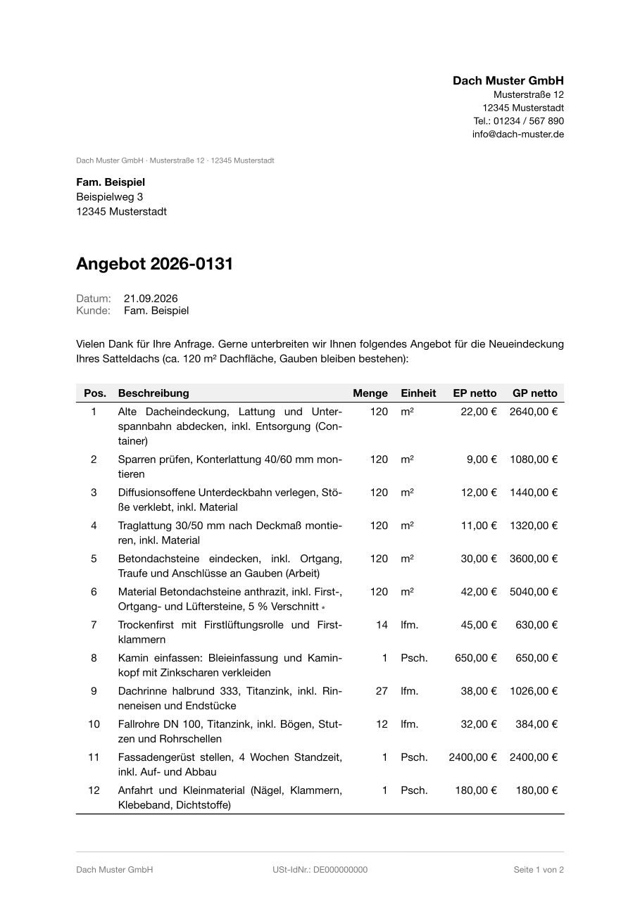 Muster-Angebot Dachdecker