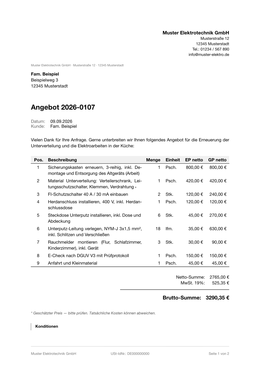 Muster-Angebot Elektriker