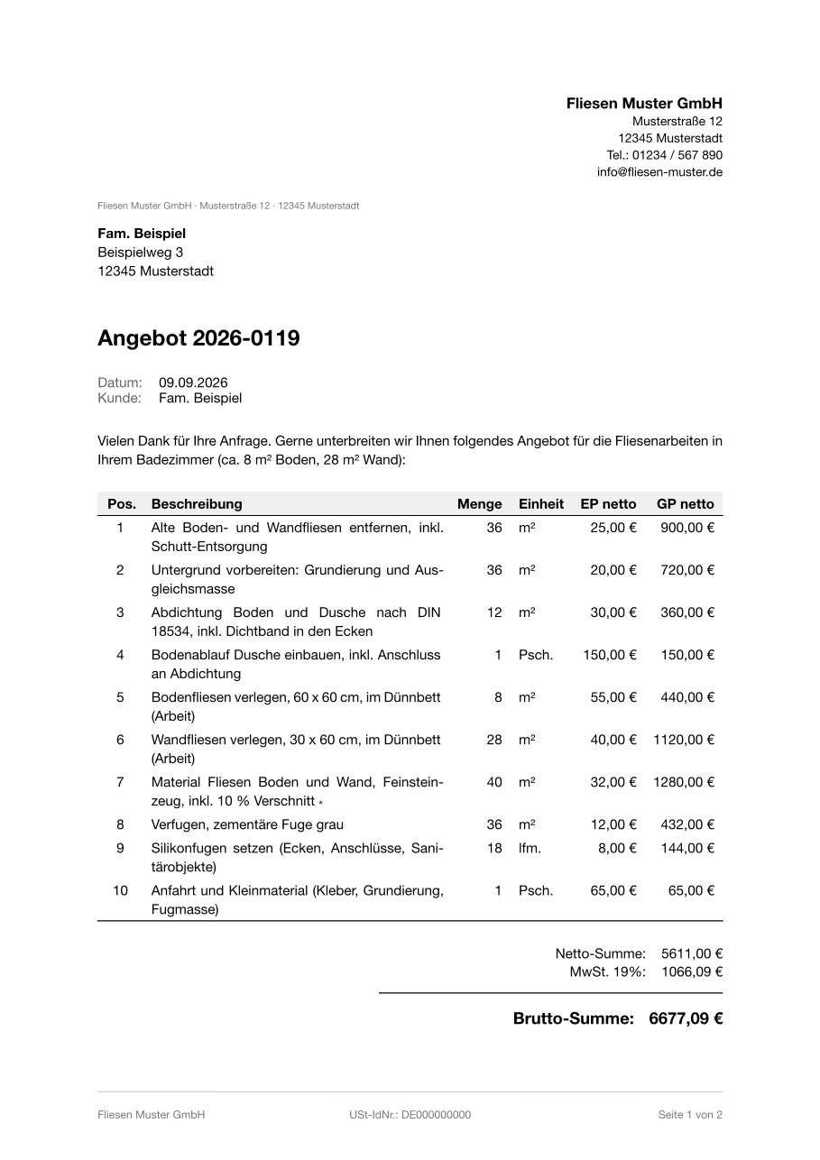 Muster-Angebot Fliesenleger
