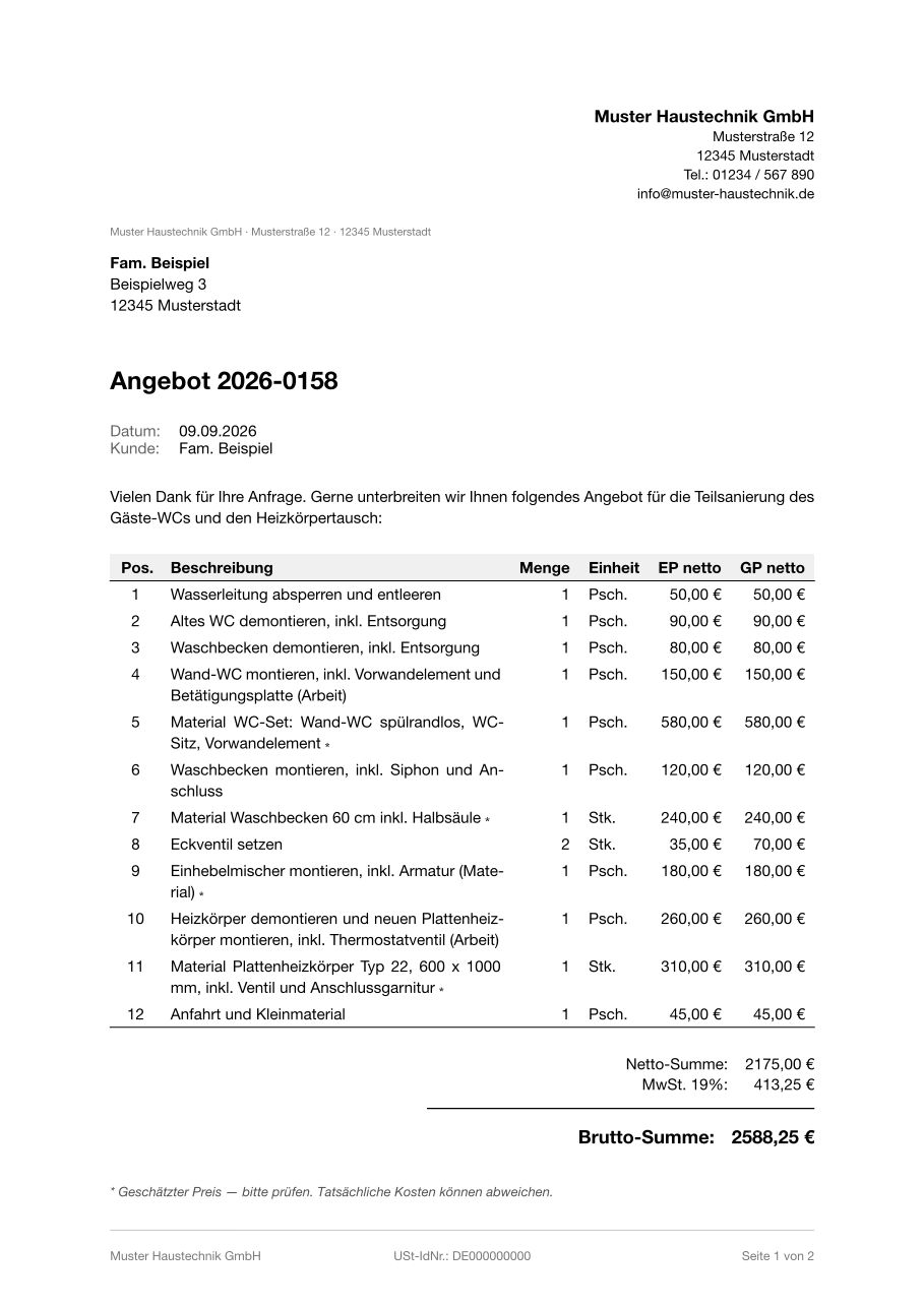 Muster-Angebot Sanitär und Heizung