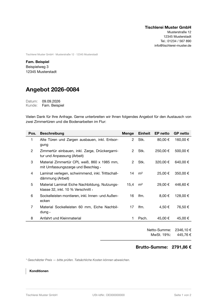 Muster-Angebot Tischler
