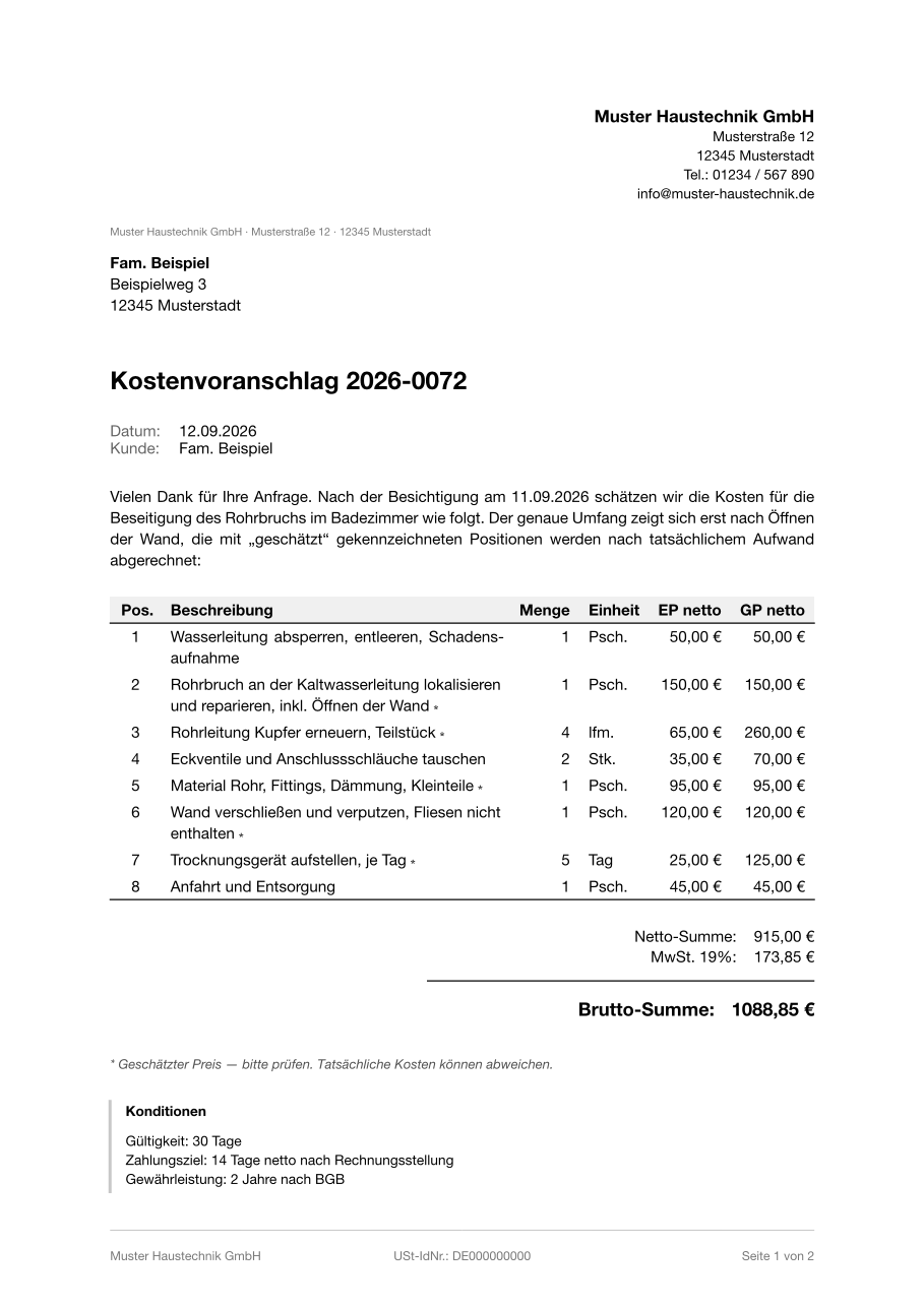 Muster: Muster-Kostenvoranschlag: Rohrbruch im Badezimmer beseitigen